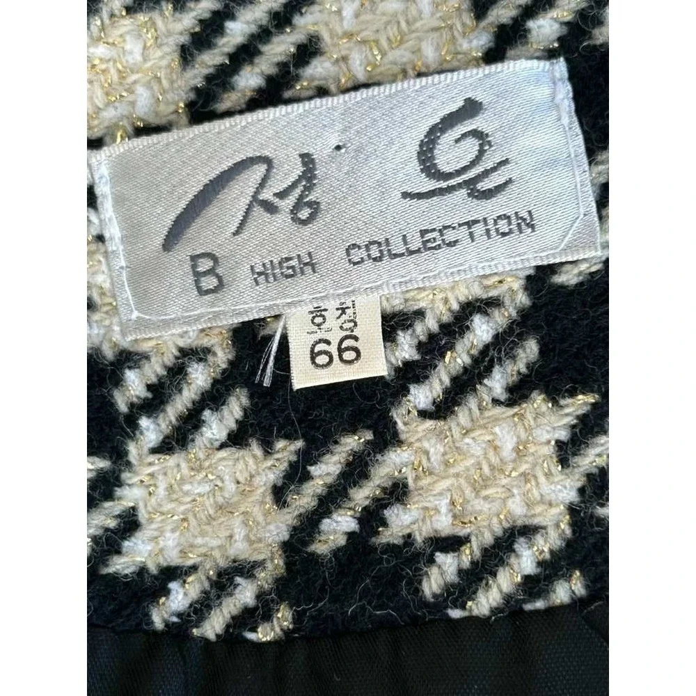 B High Collection Vintage Houndstooth Metallic Gold Button Blazer Black Cream 66